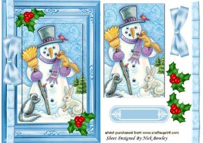 Snowman with Friends Card, & Topper, with Bow & Holly