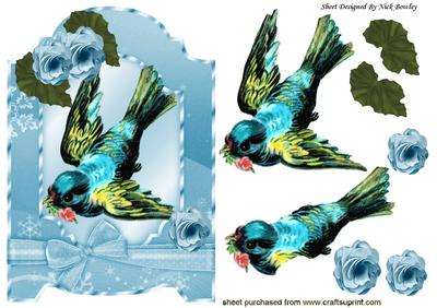 Pretty Vintage Blue Bird with Blue Roses and Bow