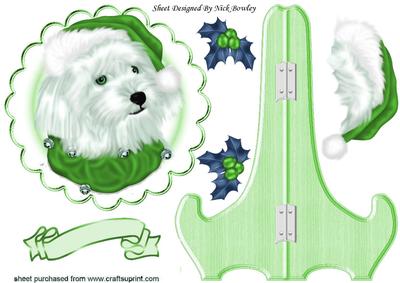 Cute Westie in Green Santa Hat on Plate & Stand with Holly