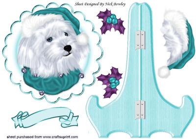 Cute Westie in Turq Santa Hat on Plate & Stand with Holly