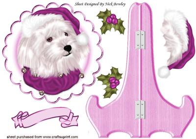 Cute Westie in Pink Santa Hat on Plate & Stand with Holly