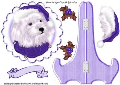 Cute Westie in Purple Santa Hat on Plate & Stand with Holly