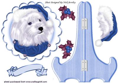 Cute Westie in Blue Santa Hat on Plate & Stand with Holly
