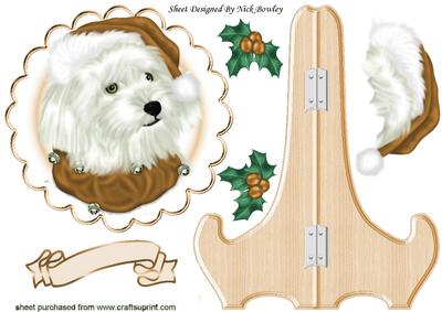 Cute Westie in Brown Santa Hat on Plate & Stand with Holly