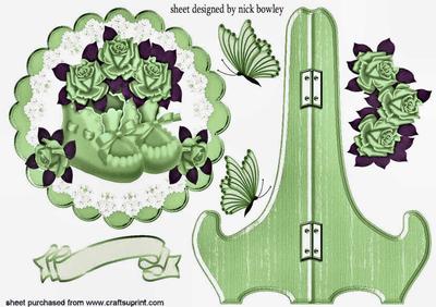 Green Babybootees with Roses on a Plate & Stand