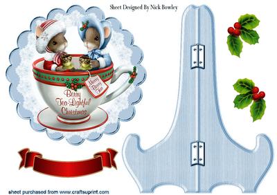 Cute Christmas Mice in a Teacup, with Plate and Stand