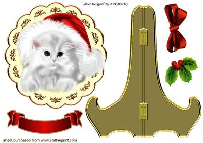 Fluffy White Persian Cat in Santa Hat, on Plate & Stand