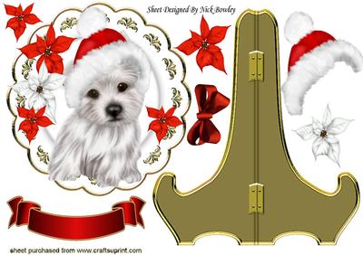 Cute White Westie in Santa Hat with Poinsettias,ornate Plate