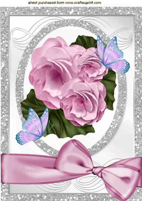 Pretty Pink Flowers in Sparkle Frame with Butterflies A4