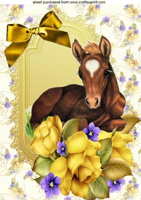 Pretty Little Foal Among the Yellow Roses, with Bow A4