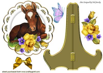 Sweet Little Foal Among the Yellow Roses Plat & Stand