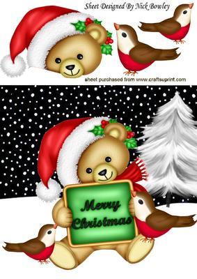 Santa Bear with Robins in the Snow 8x8