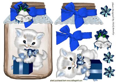 White Kitty with Present in a Jar with Bow & Bells