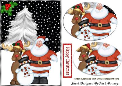 Santa and His Friends, in the Snow with Holly Oval Pyramids