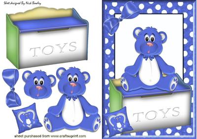 Little Blue Bear, Sitting on a Toy Box in Polkadot Frame