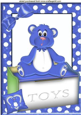 Little Blue Bear, Sitting on a Toy Box in Polkadot Frame A4