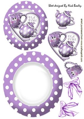 Purple Toony Face Teapot & Cup with Bows Rocker Card
