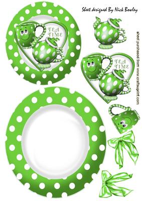 Green Toony Face Teapot & Cup with Bows Rocker Card