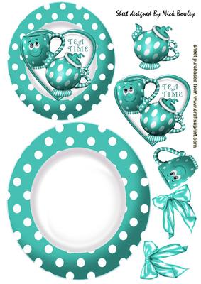 Turq Face Teapot & Cup with Bows Rocker Card
