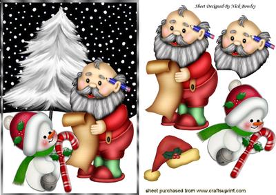 Santa with His List and Cute Little Snowman with Candy