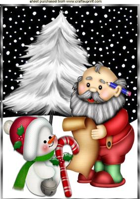 Santa with His List and Cute Little Snowman with Candy A4