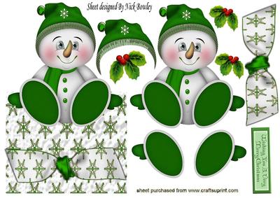 Jolly Little Snowman in Green with Holly Over the Edge