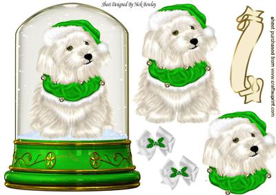 Cute White Westie in Green Santa Hat in Snow Dome