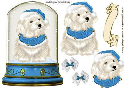 Cute White Westie in Blue Santa Hat in Snow Dome