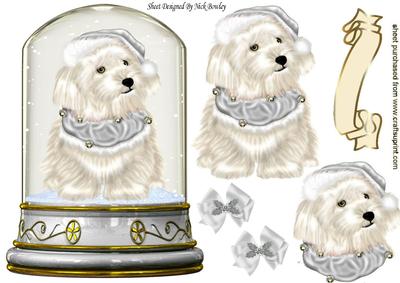 Cute White Westie in Silver Santa Hat in Snow Dome