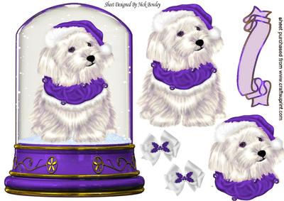 Cute White Westie in Purple Santa Hat in Snow Dome