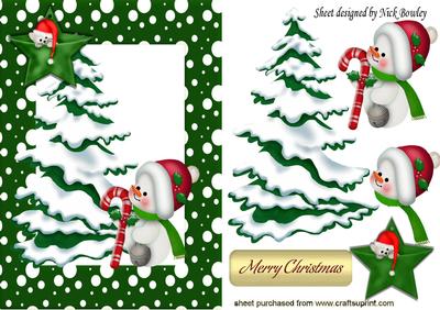 Snow Covered Christmas Tree, with Little Snowman