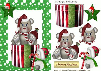 Little Teddy Sitting on Christmas Box with Snowman