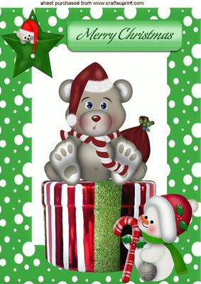 Little Teddy Sitting on Christmas Box with Snowman A4