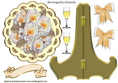 Peach Roses Wedding Bouquet on Plate & Stand