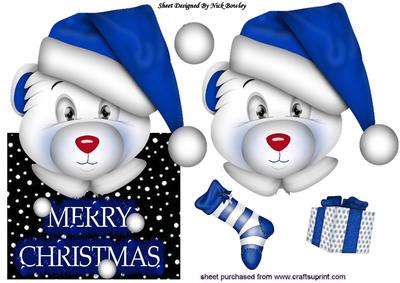 Santa Bear in Blue with Stocking Over the Edge