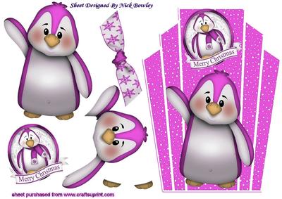 Cute Little Pink Penguin on Art Deco Topper with Bow