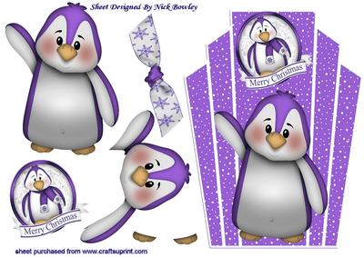 Cute Little Purple Penguin on Art Deco Topper with Bow