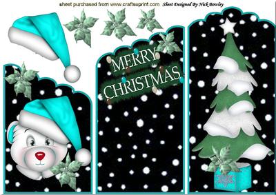 Cute Bear in Turq Santa Hat, Christmas Tree Cascade Card