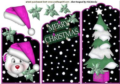 Cute Bear in Pink Santa Hat, Christmas Tree Cascade Card