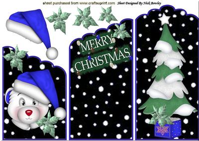 Cute Bear in Blue Santa Hat, Christmas Tree Cascade Card