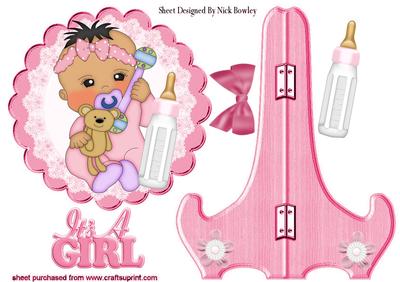 Pretty Baby Girl with Her Teddy and Bottle Plate and Stand