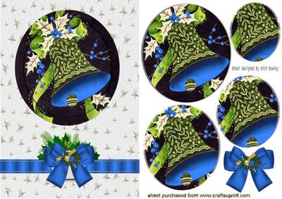 Vintage Bells in Blue with Holly & Bow, Oval Pyramids