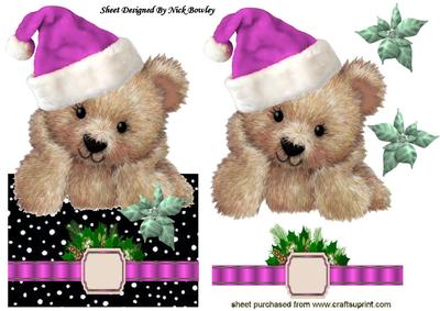 Little Fuzzy Bear in Pink Santa Hat with Bow Over the Edge