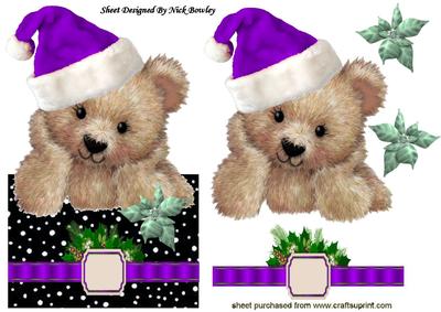 Little Fuzzy Bear in Purple Santa Hat with Bow Over the Edge