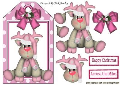 Baby Reindeer in Pink Santa Hat & Bow on a Tag