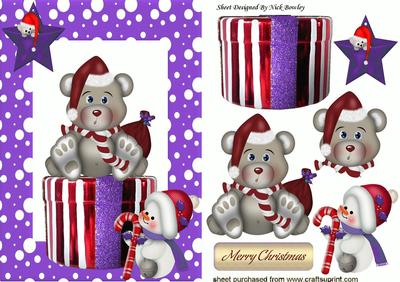 Little Santa Bear in Purple Snow Frame with Little Snowman