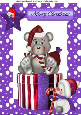 Little Santa Bear in Purple Snow Frame with Snowman A4