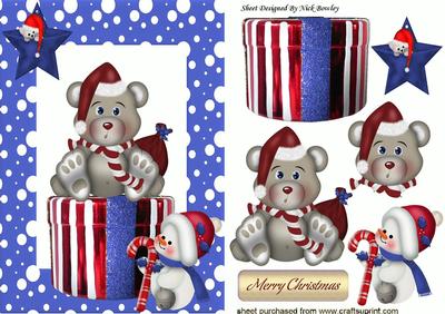 Little Santa Bear in Blue Snow Frame with Little Snowman