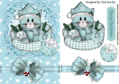 Little Kitty in Santa Hat in Her Basket with Bow