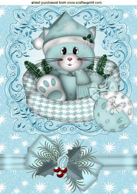 Little Kitty in Santa Hat in Her Basket with Bow A4